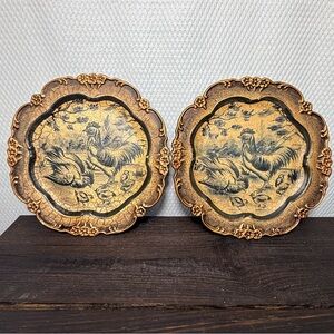 Vintage Style Rooster Decorative Wall Plaques - Gold and Black (Set of 2)